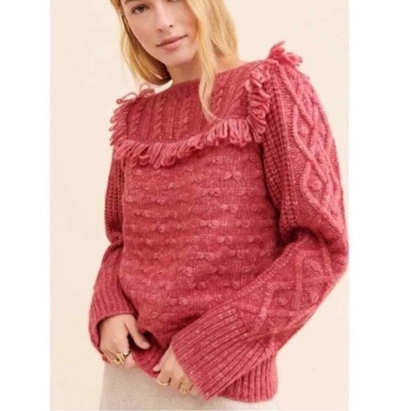 NWT LoveShackFancy Kingston Alpaca Chunky Bow Popcorn Fringe Pink Sweater